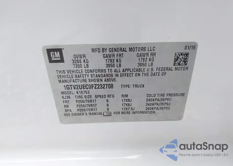 2015 GMC Sierra 1500 Sle from USA, damaged, VIN 1GTV2UEC9FZ232708